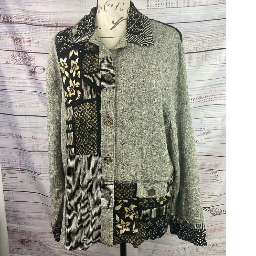 Erin London Cardigan Jacket Women M Mixed Media Patchwork Linen Rayon Preppy